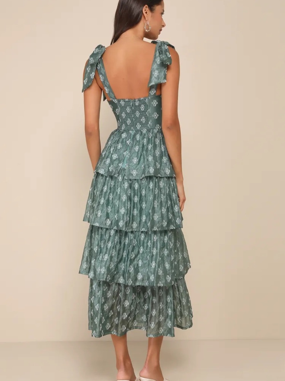 Gorgeous Excellence Teal Green Floral Burnout Tiered Midi Dress - Picture 2 of 3